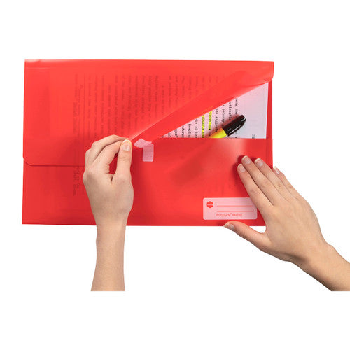 Close-up of Marbig Polypick red wallet showing touch fastener closure and write-on identification panel