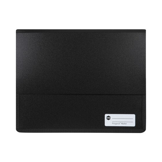 Black Marbig Polypick heavy duty A4 document wallet from the front, flap closed, fabric trim on the edges and write on panel lower right