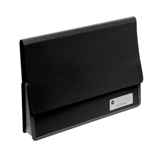 Angled view of a black Marbig Polypick heavy duty A4 wallet showing the depth of the fabric gusset below the closed flap