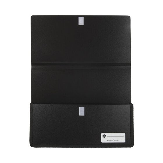 Black Marbig Polypick heavy duty wallet laid open flat with its long flap and the touch fastener pads on flap and front