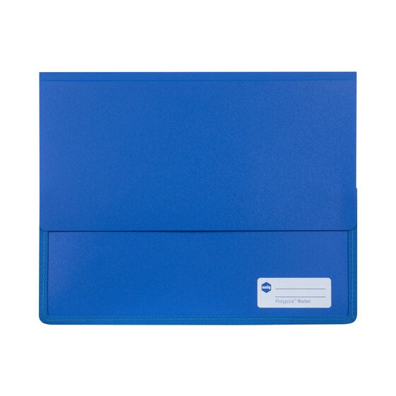 Royal blue Marbig Polypick heavy duty A4 document wallet seen from the front with the flap closed and the write on panel bottom right