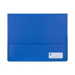 Royal blue Marbig Polypick heavy duty A4 document wallet seen from the front with the flap closed and the write on panel bottom right