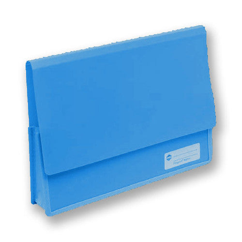 Angled render of the Marbig Polypick heavy duty A4 wallet in a lighter sky blue, showing the depth of the gusset