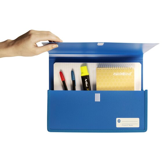 Hand raising the flap of a blue Marbig heavy duty A4 wallet to show pens, a highlighter and a notebook inside the open gusset