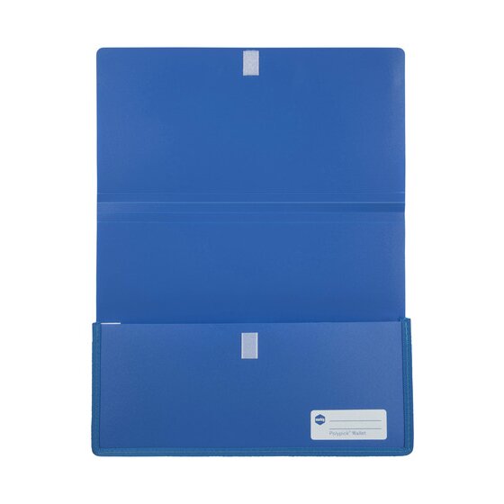 Blue Marbig Polypick heavy duty wallet opened out flat, showing the flap and touch fastener pads on both flap and front