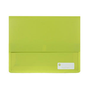 Lime Marbig Polypick heavy duty A4 document wallet from the front, flap folded down and the write on panel at the lower right