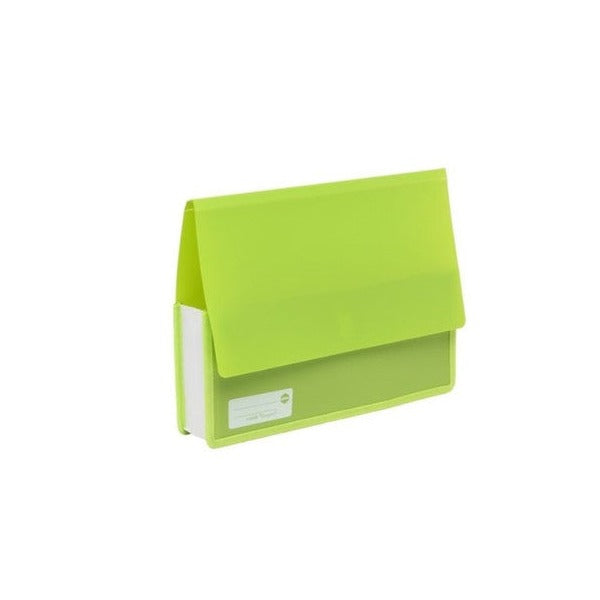Lime Marbig Polypick heavy duty A4 wallet standing at an angle, showing the depth of the gusset and the closed flap