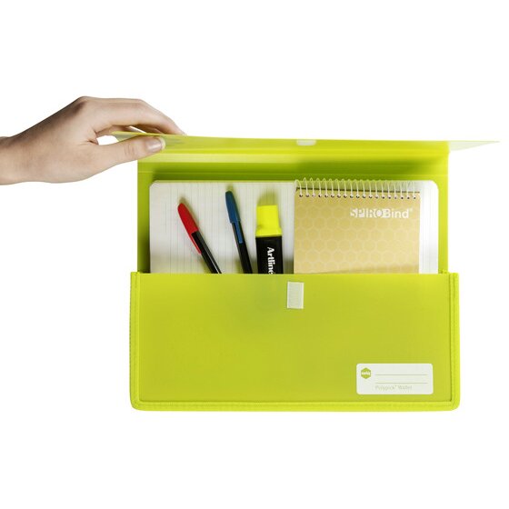 Hand lifting the flap of a lime Marbig heavy duty A4 wallet holding pens, a highlighter and a spiral notebook