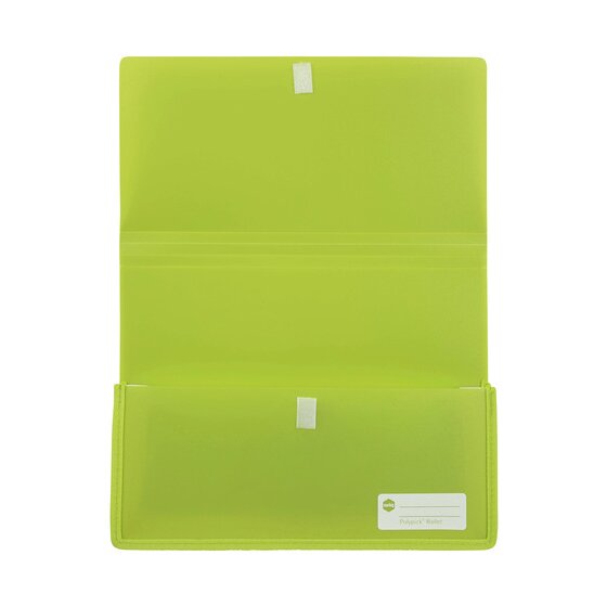 Lime Marbig Polypick heavy duty wallet opened flat with its long flap and touch fastener pads on the flap and front pocket