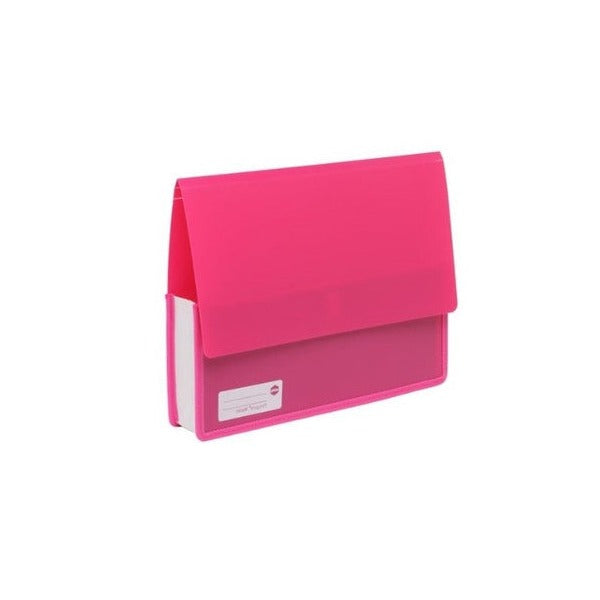 Angled render of a Marbig Polypick heavy duty A4 wallet in a brighter pink, showing the depth of the fabric gusset
