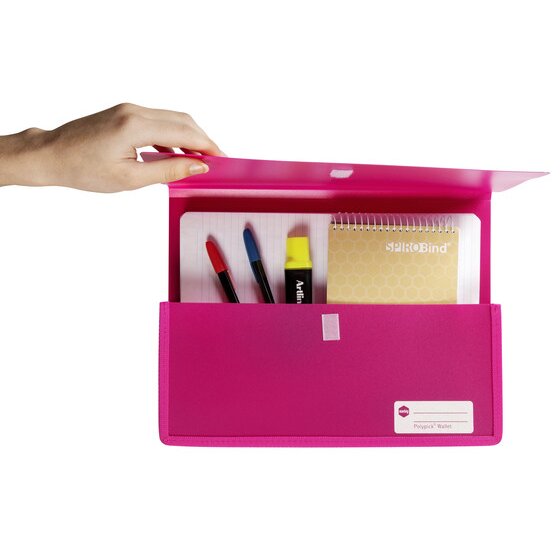 Hand lifting the flap of a pink Marbig Polypick heavy duty wallet holding a lined pad, pens, a highlighter and a spiral notebook