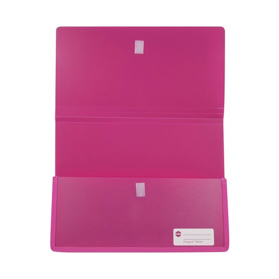Pink Marbig Polypick heavy duty A4 wallet opened out flat, showing the long flap and white touch fastener pads on flap and pocket
