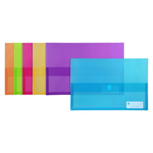 Six Marbig Polypick foolscap wallets in orange, lime, pink, lemon, purple and marine, the marine one in front showing its write on panel