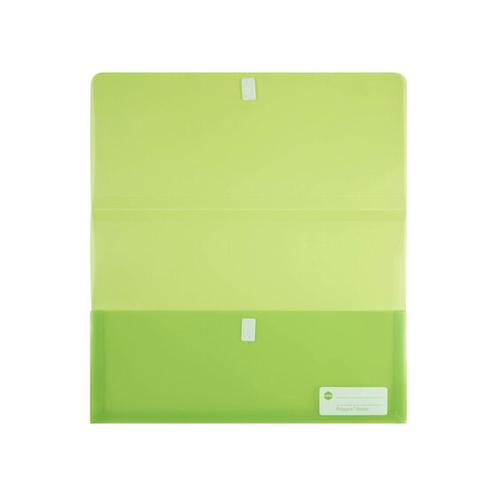 Lime Marbig Polypick foolscap wallet laid open flat so the touch fastener pads on the flap and front pocket can be seen