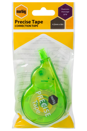 Marbig 975191 Precise correction tape in its flow pack, yellow header card with massage grip note above a green dispenser