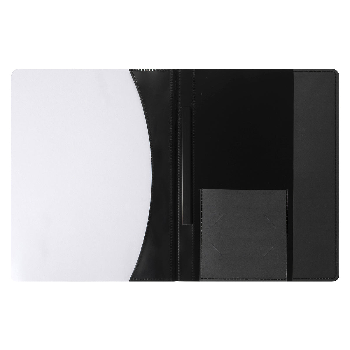 Marbig black Premier flat file opened flat with a white page on the left, the slide bar at the spine and pockets inside the back cover