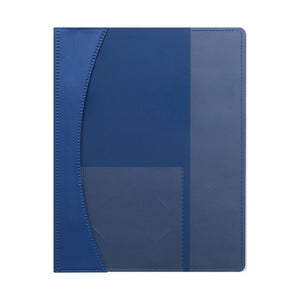 Marbig Premier blue A4 flat file closed, frosted front cover with a curved edge showing the blue back and pocket outlines through it