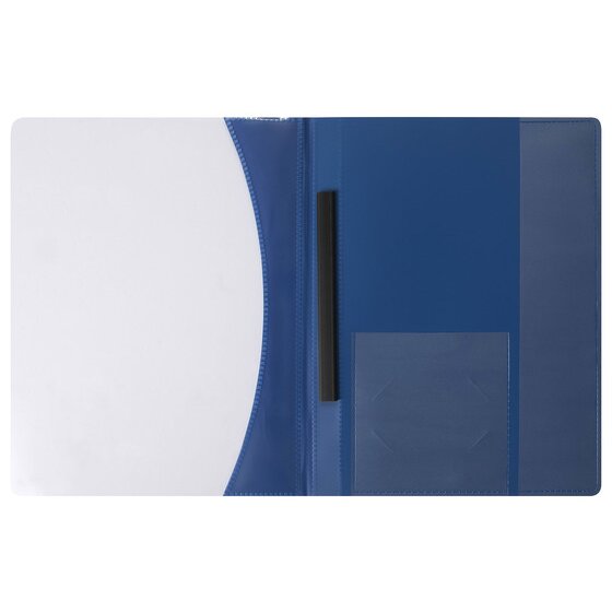 Blue Marbig Premier flat file opened flat with the frosted front on the left, a black slide bar at the spine and pockets inside the back cover