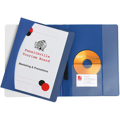 Blue Marbig Premier flat file open with a printed title page on the front and a CD and business card held inside the back cover