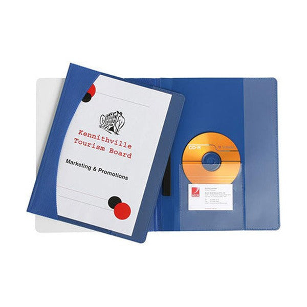 Blue Marbig Premier flat file open with a printed title page on the front and a CD and business card held inside the back cover