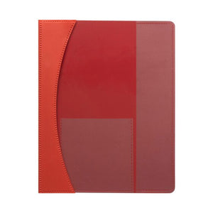 Closed red Marbig Premier A4 flat file with a frosted front cover whose curved edge shows the red back cover beside it