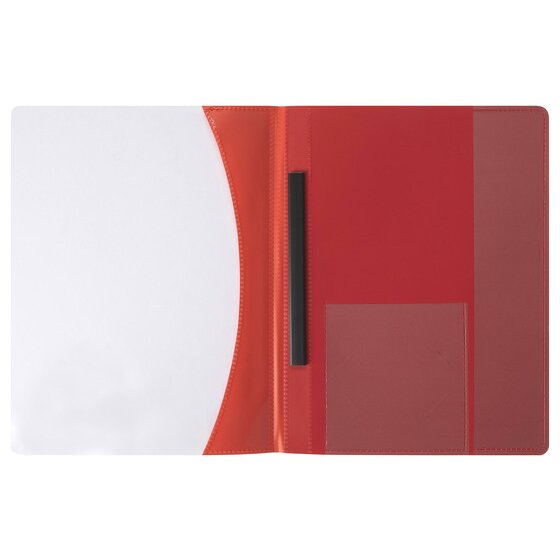Red Marbig Premier flat file opened out, frosted front at left, black slide bar at the spine and a pocket and vertical sleeve in the back