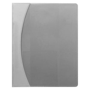 Grey Marbig Premier A4 insert cover flat file closed, the clear front cover curving across the silver grey back cover
