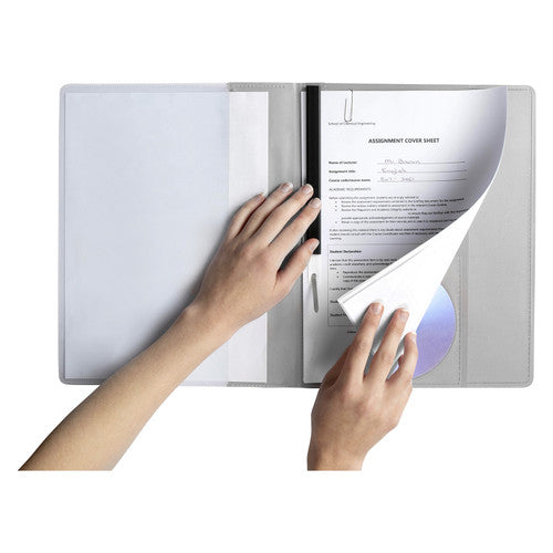 Hands turning a cover sheet held on the fastener of a grey Marbig Premier insert cover flat file with a disc in the back pocket