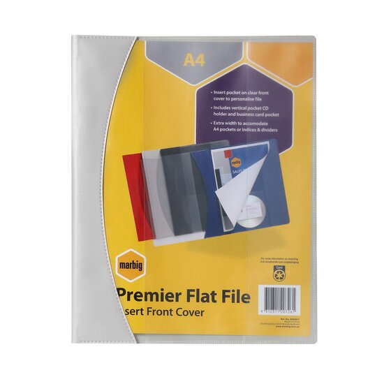 Grey Marbig Premier flat file with the yellow pack card behind its clear front cover listing the insert pocket and extra width