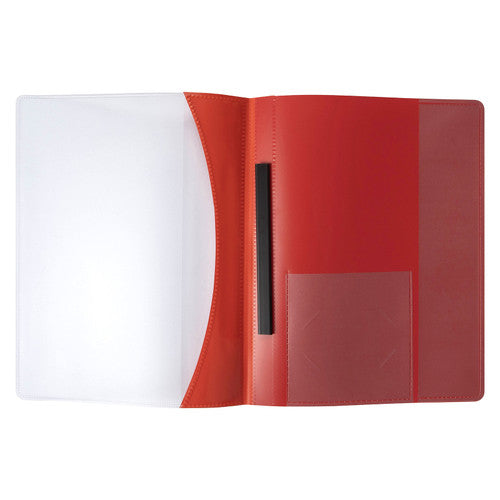Red Marbig Premier insert cover flat file opened flat showing the clear front, the black slide bar and the pockets inside the back