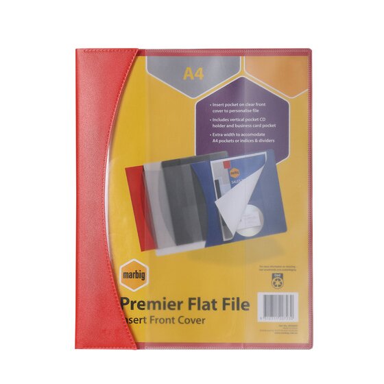 Red Marbig Premier flat file with the yellow pack card behind the clear front listing the insert pocket, CD holder and extra width