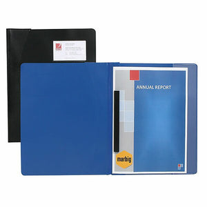 Two Marbig management files, a black file with a business card window on the cover behind an open blue file showing a fastener and an annual report in the right hand pocket