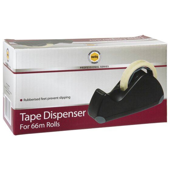 Marbig Professional Series retail box for the large Tape Dispenser For 66m Rolls, noting rubberised feet prevent slipping