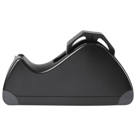 Side profile of the empty Marbig Professional large tape dispenser in matt black with grey rubberised feet at each end of the base