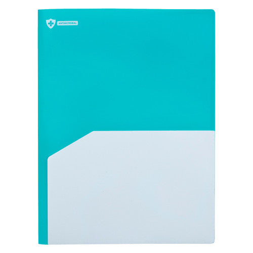 Closed Marbig Professional 2059001 blue A4 folder with a frosted pocket across the lower front and an ANTIMICROBIAL shield mark near the top