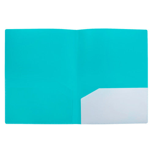 Marbig Professional blue 4 pocket folder opened flat and empty, showing a frosted pocket on the inside right panel