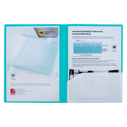 Open Marbig Professional blue pocket folder holding sample A4 inserts in the left and right halves