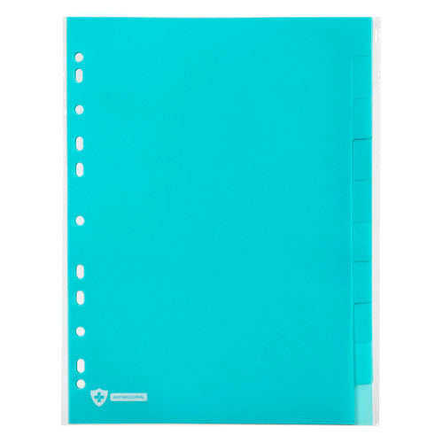 Front view of the blue Marbig Professional 351101 polypropylene divider set showing 10 stepped tabs down the right edge and punched holes on the left