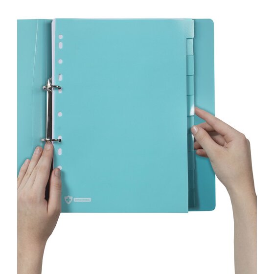 Hands turning a blue Marbig Professional antimicrobial divider inside an A4 ring binder