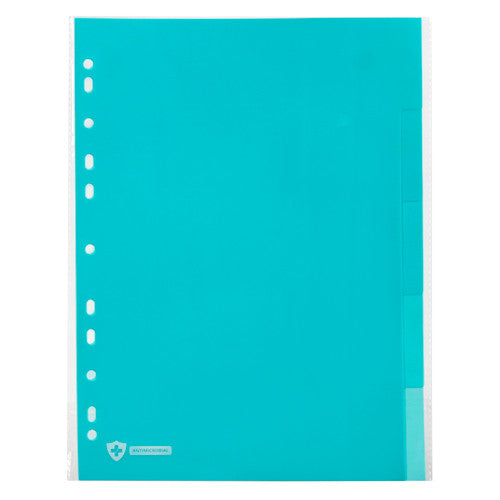 Front view of the blue Marbig Professional 351051 polypropylene divider set showing 5 stepped tabs down the right edge and punched holes on the left