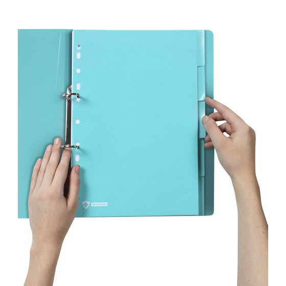 Hands turning a blue Marbig Professional antimicrobial divider inside an A4 ring binder