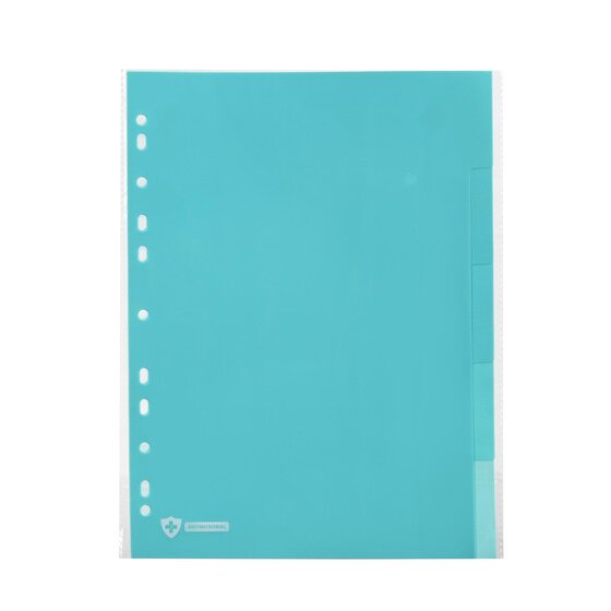 Marbig Professional 351051 blue polypropylene divider set with 5 tabs, ANTIMICROBIAL mark printed lower left and punched binding edge