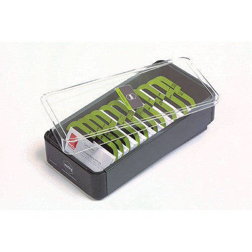 Marbig Professional 87036 business card filing box with a clear lid over green lettered A-Z dividers and business cards in a dark base