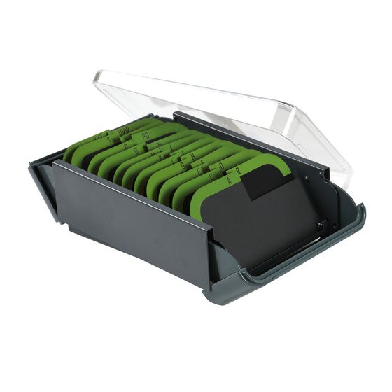 Marbig business card filing box open with the clear lid raised and the front panel folded down to show green index dividers