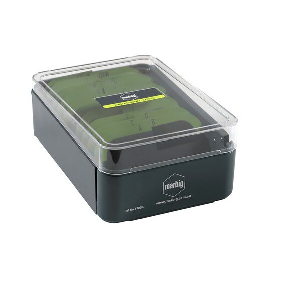 Closed Marbig business card filing box with a clear lid, the dark base printed with the marbig logo, website and Ref. No. 87036