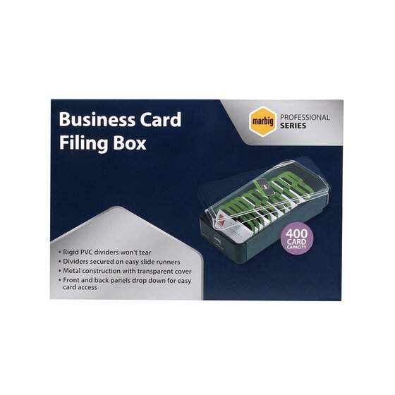 Marbig Professional Series Business Card Filing Box pack showing 400 card capacity and a list of four features