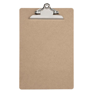 Front view of the brown Marbig Professional A4 masonite clipboard 43151, with a large chrome lever clip at the top centre and rounded corners
