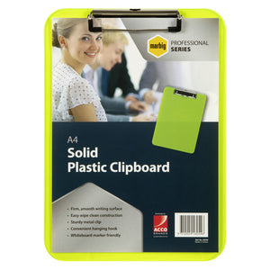 Marbig neon green A4 plastic clipboard 40220 in its retail card, with the Professional Series badge, the title A4 Solid Plastic Clipboard and five feature points
