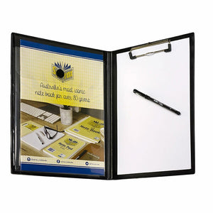 Marbig Professional insert clipfolder opened flat, a flyer showing in the left panel and a pen resting on a white pad under the clip on the right
