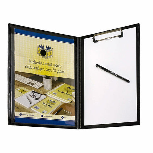 Marbig Professional insert clipfolder opened flat, a flyer showing in the left panel and a pen resting on a white pad under the clip on the right